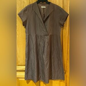 Eileen Fisher Short Sleeve Collared Faux Wrap A-Line Brown Silk Blend Dress Sz M